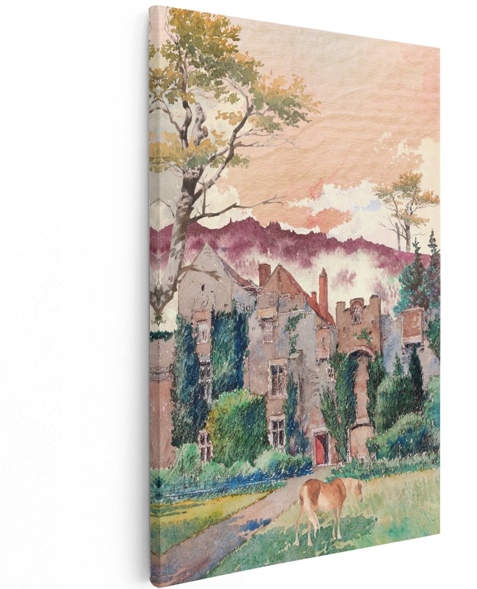Artaza Canvas Schilderij Landschap - 100x150 cm - Groot - Wanddecoratie Kasteel - Muurdecoratie Paard - Decoratie Vintage Woonkamer - Roze