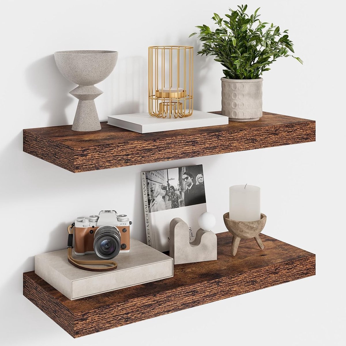 Vintage Bruine Wandplank - 2-delige Zwevende Plank van 40 cm voor Kantoor, Badkamer, Slaapkamer, Keuken en Woonkamer met Onzichtbare Bevestigingen
