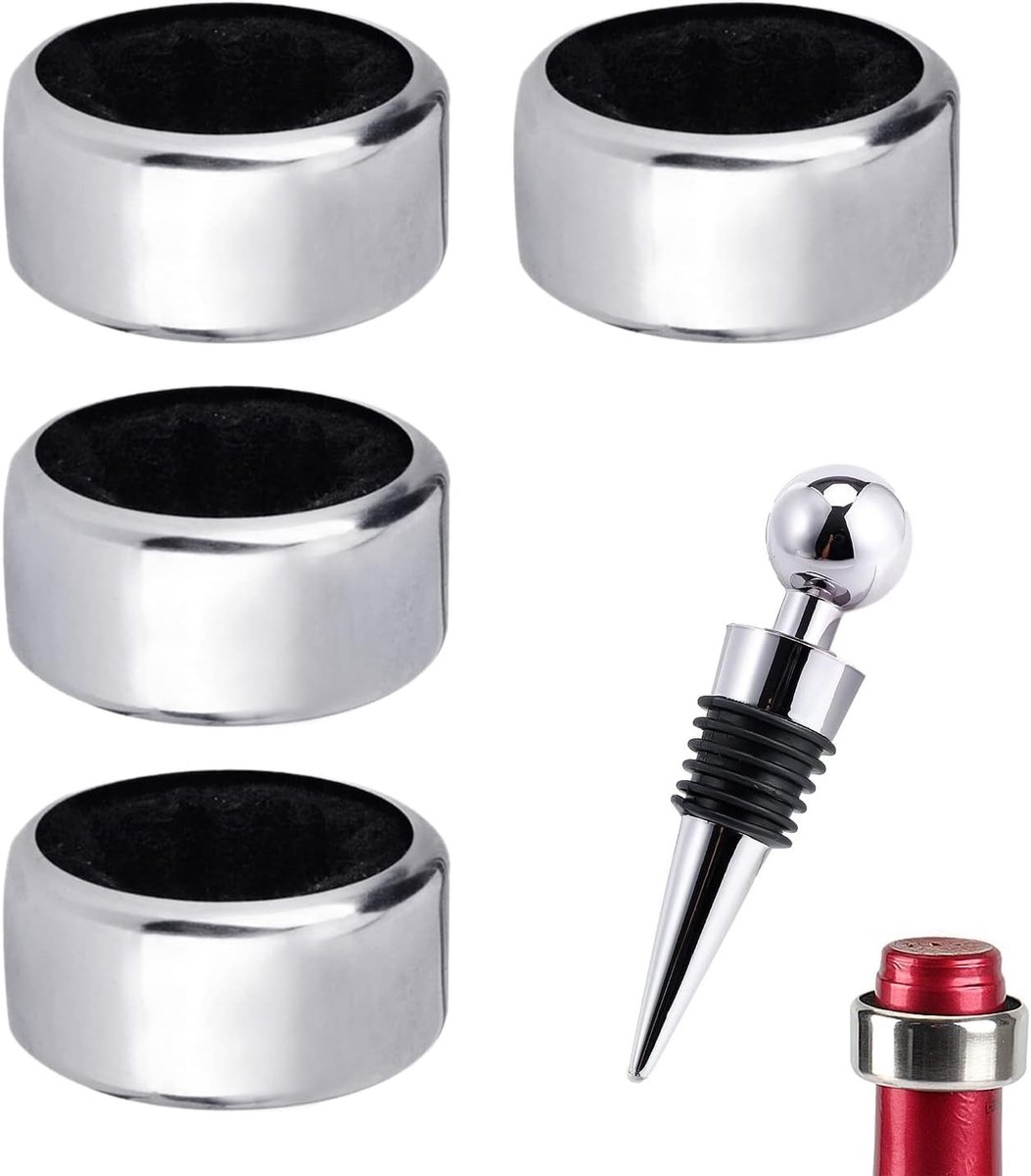 Set van 4 wijn druppelringen en 1 wijnstopper, roestvrijstalen accessoires voor wijnflessen, lekvrije wijnringen voor thuis en horeca