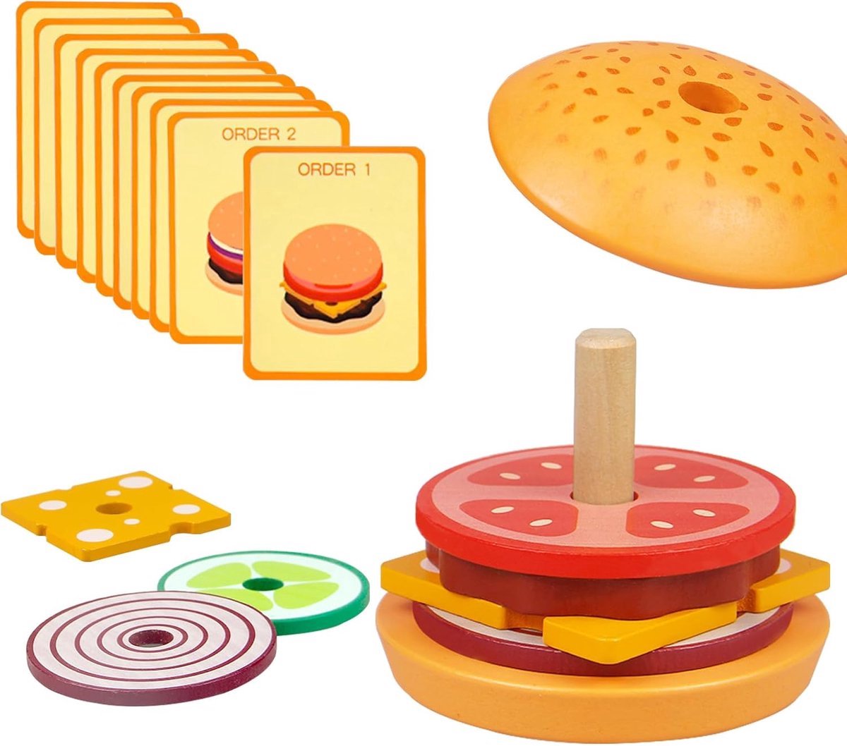 casalora - Montessori Speelgoed - kinderspeelgoed - Montessori - Houten Speelgoed - Educatief speelgoed 3 jaar - Motoriekspeelgoed - Houten Hamburger - Bouwstenen in de vorm van voedsel - Voor Jongens en Meisjes