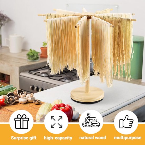 Pastadroger Hout - Noedeldroger - Verse Pasta Drogen - 9 Afneembare Armen - Draaiende Sokkel - Houtkleur — afbeelding 4