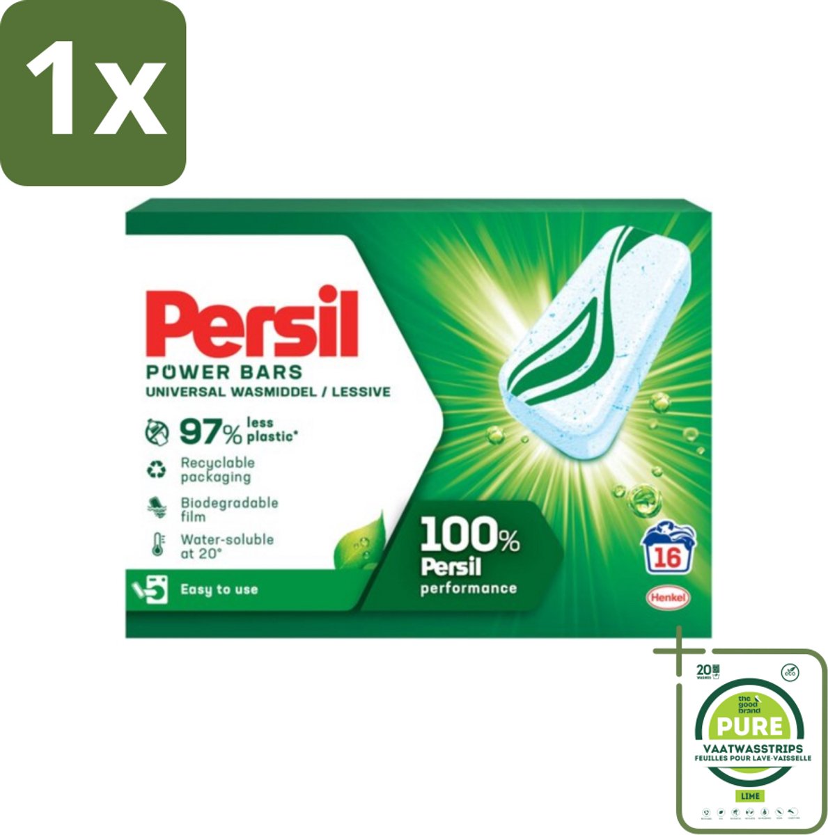 1 x Persil Power Bars - Wasmiddeltabletten - Gekleurde Was - 16 Wasbeurten - Wasmiddel Tabletten - Gekleurde Was - Duurzaam Wasmiddel - Biologisch Afbreekbare Verpakking - Wasmiddel Bars