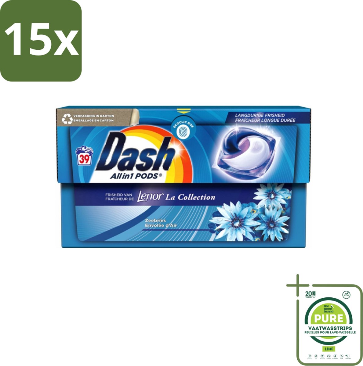 15 x Dash - Lenor Collectie - Wasmiddel Capsules - All-in-1 Pods - Witte en Gekleurde Was - 39 Wasbeurten - Grootverpakking - Wasmiddel Capsules - Waspoeder - Lenor - Ocean Breeze - Wasverzachter