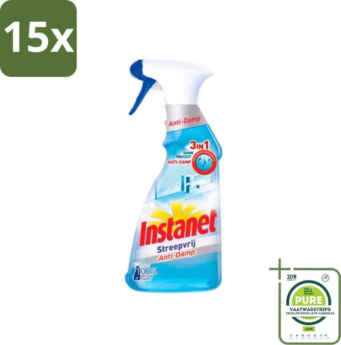 15 x Instanet - Schoonmaakspray - Anti-Damp - Streepvrij - 3in1 - 500 ml - Grootverpakking - Schoonmaakspray - Ramen Schoonmaken - Streepvrij - Anti-damp - Schoonmaakproduct
