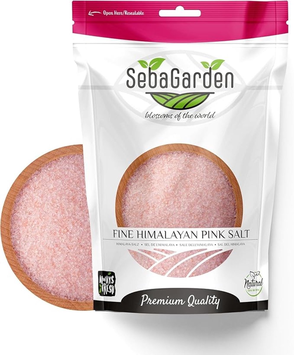 Seba Garden 100% puur Himalayazout, Salt, – extra fijn, 1 kg hersluitbare Doypack | Natuurlijk en ongeraffineerd, rijk aan mineralen | Perfect voor koken, molens en badzout (1 kg, fijn)