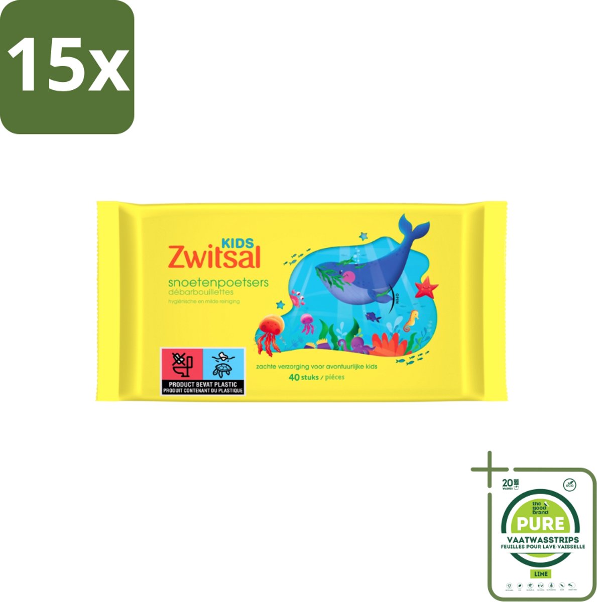 15 x Zwitsal Kids - Snoetenpoetsers - Voor Handjes en Snoetjes - 40 Doekjes - Grootverpakking - Zwitsal Kids - Snoetenpoetsers - Babydoekjes - Babyhuid - Zachte Doekjes