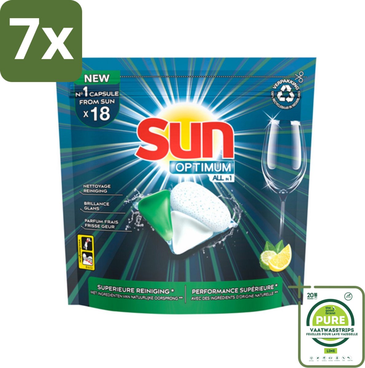 7 x Sun Optimum - All-in-1 - Vaatwasmiddel - Capsules - Citroen - 18 Capsules - Grootverpakking - Vaatwascapsules - Vaatwasmiddel - Citroen - All-in-1 - Vaatwasser