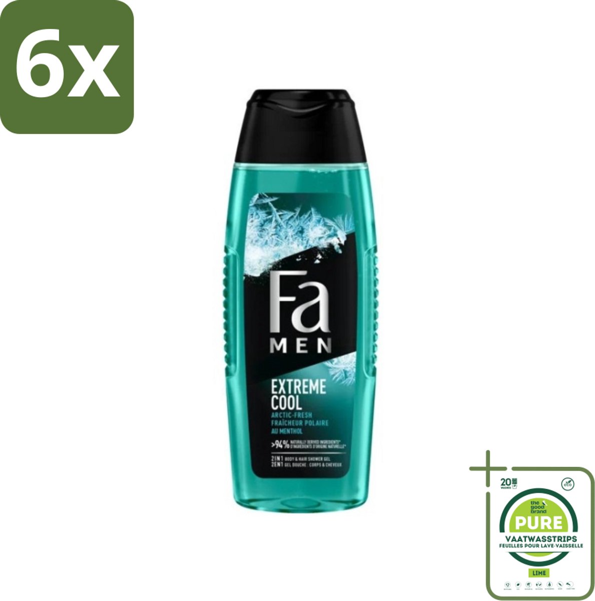 Fa Men Douchegel en Shampoo Extreme Cool 250 ml - Voordeelverpakking - 6 stuks - Douchegel - Shampoo