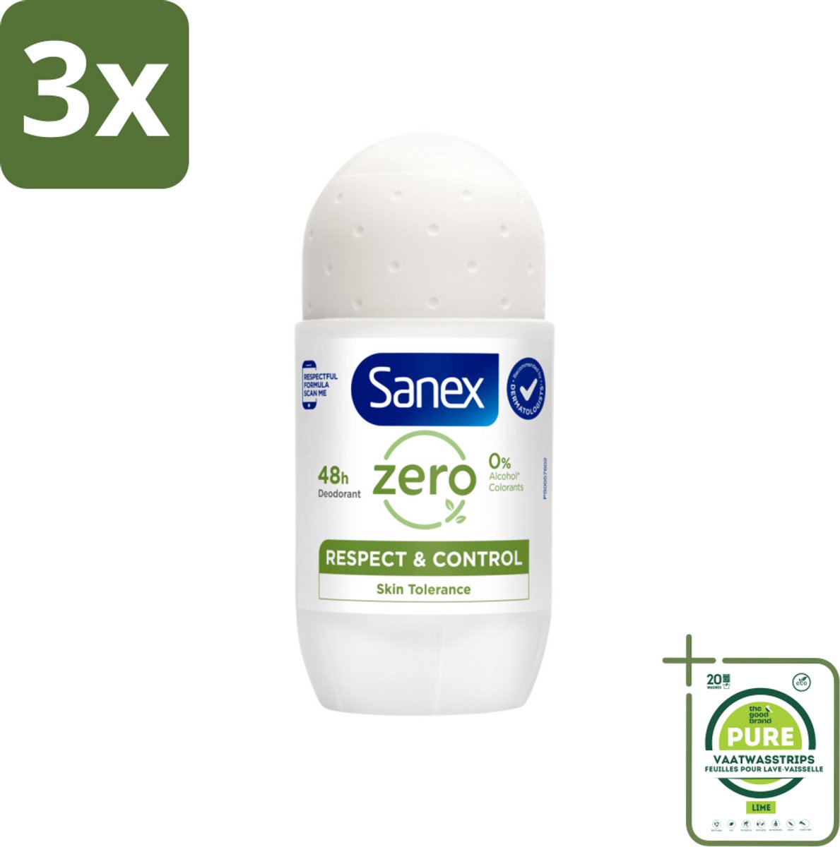 3 x Sanex Deodorant Roller Zero% Normal Skin 50 ml - Grootverpakking - 24 Uur Deodorant - Aluminiumvrije Deodorant - Alcoholvrije Deodorant - Deodorant Voor Gevoelige Huid - Sanex Deodorant