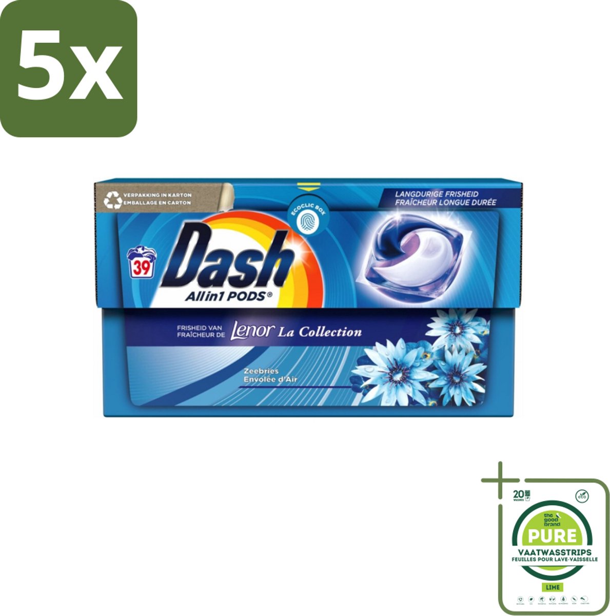 5 x Dash - Lenor Collectie - Wasmiddel Capsules - All-in-1 Pods - Witte en Gekleurde Was - 39 Wasbeurten - Grootverpakking - Wasmiddel Capsules - Waspoeder - Lenor - Ocean Breeze - Wasverzachter
