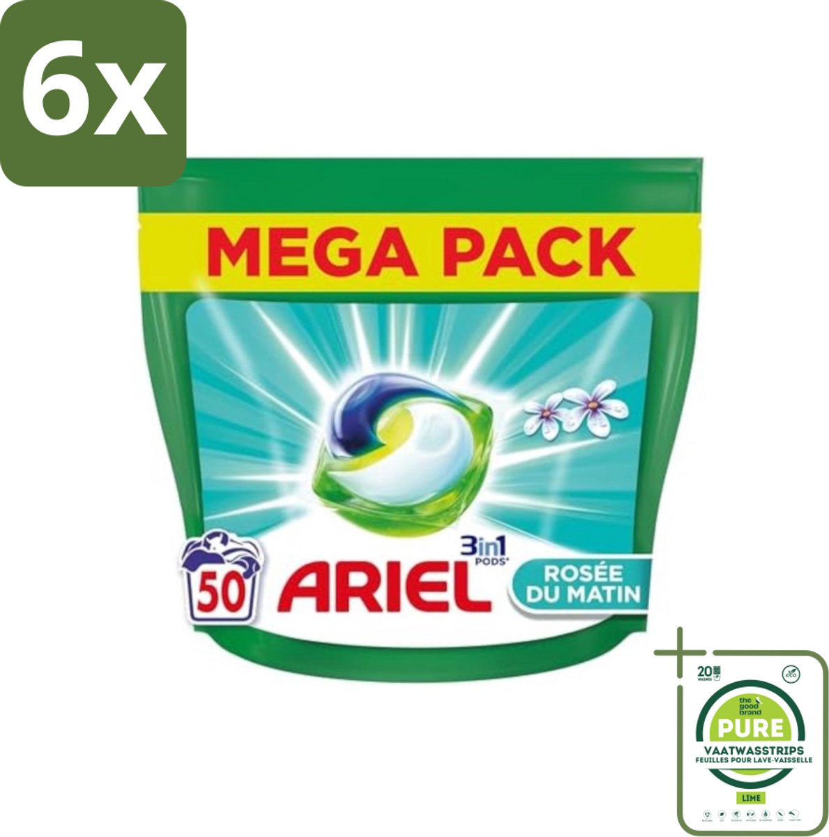Ariel Original - Ochtenddauw - Wasmiddelcapsules - 3in1 Pods - Witte en Gekleurde Was - 50 Wasbeurten - Voordeelverpakking - 6 stuks - Ariel wasmiddel - Wascapsules