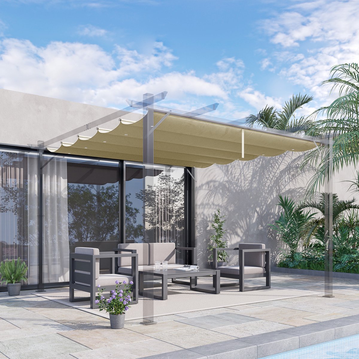 REDOM - Ersatzdach voor pergola - 10 regenafvoergaten - Verandazeil - Polyester - Beige - 250 x 255 cm - tuin en terras