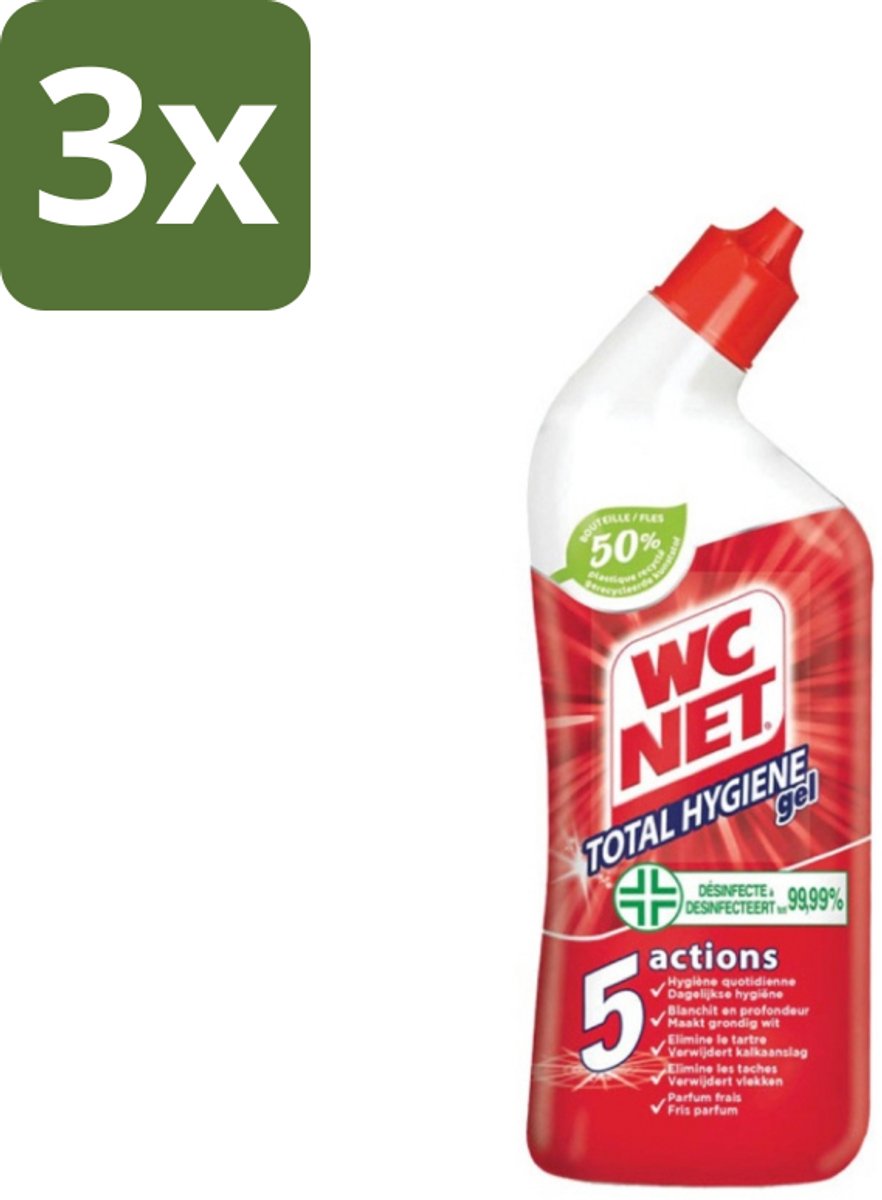 3 x WC Net - Toiletreiniger - Gel - Ontkalkt En Verwijdert Vlekken - 750 ml - WC Net - Toilet Reinigen - Kalk Verwijderen - Toilet Reinigingsgel - Toilet Hygiëne