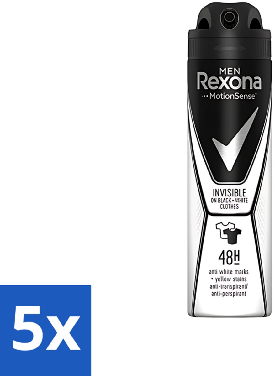 5 x Rexona Men - Deodorant Spray - Motion Sense - Invisible Black & White - Anti-Transpirant & Perspirant - 150ml - Deodorant Spray - Anti-transpirant - Witte Strepen - Gele Vlekken - Beschermd Tegen Transpiratie