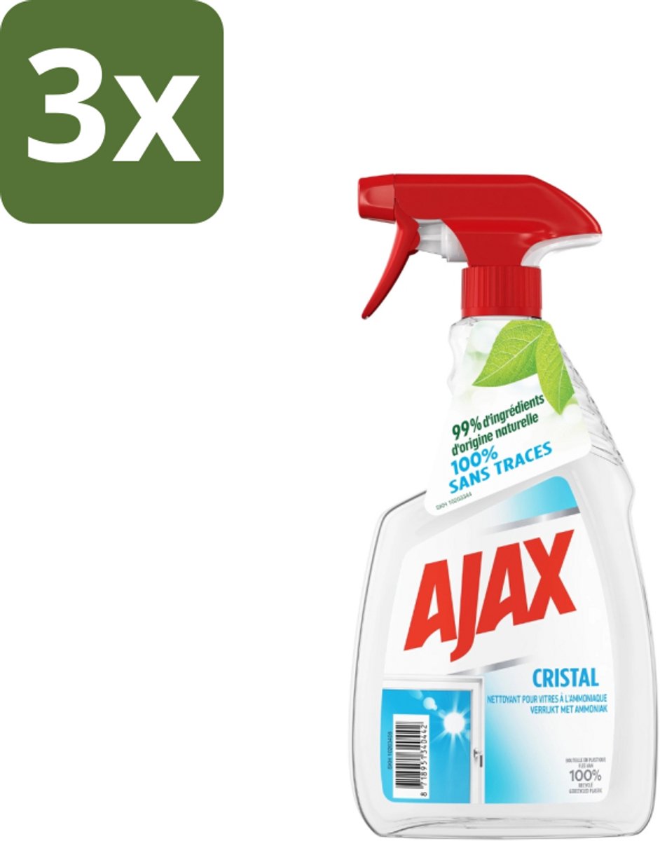 3 x Ajax - Ruitenreiniger - Cristal - Spray Met Ammoniak - 750 ml - Ruitenreiniger - Ammoniak - Streeploos - Ruiten Reinigen - Glans