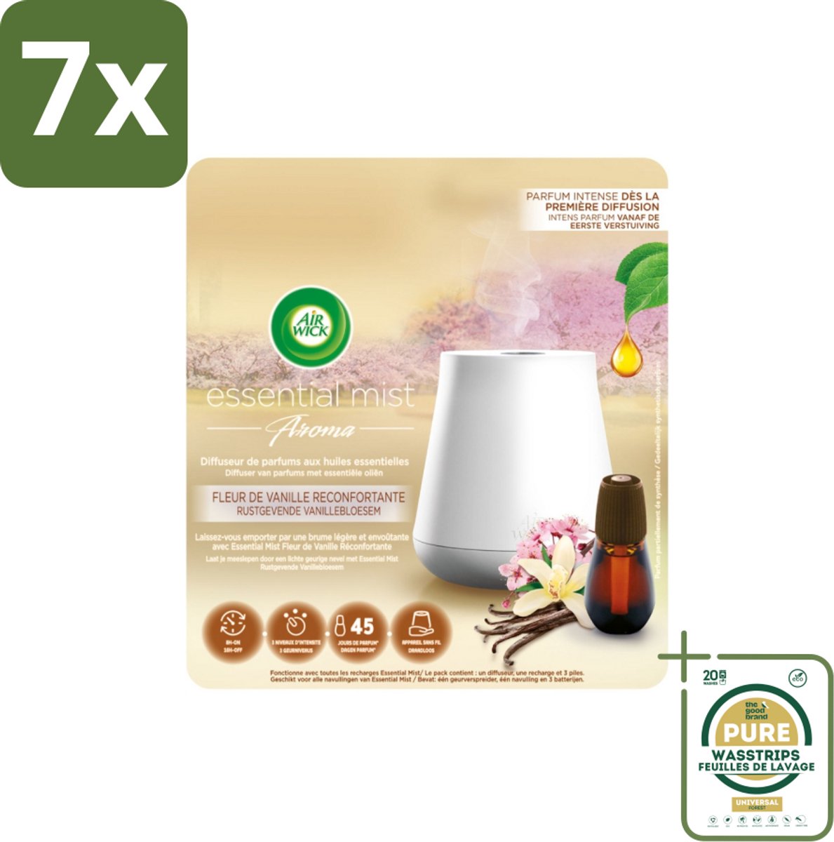 7 x Air Wick Essential Mist - Elektrische Geurverspreider - Starterkit - Rustgevende Vanillebloesem - 20ml - Grootverpakking - Geurverspreider - Vanillebloesem - Rustgevende Geur - Essentiële Oliën - Warme Geur