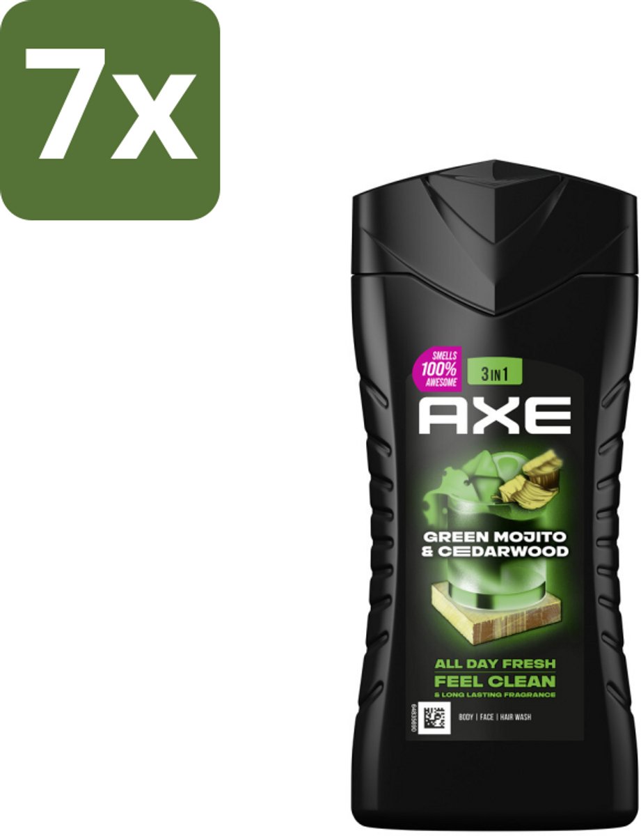 7 x Axe - 3-in-1 Douchegel - Wild Mojito & Cedarwood - 12hrs Long Lasting Scent - 250 ml - Douchegel - Geur - Frisheid - Lichaam - Gezicht