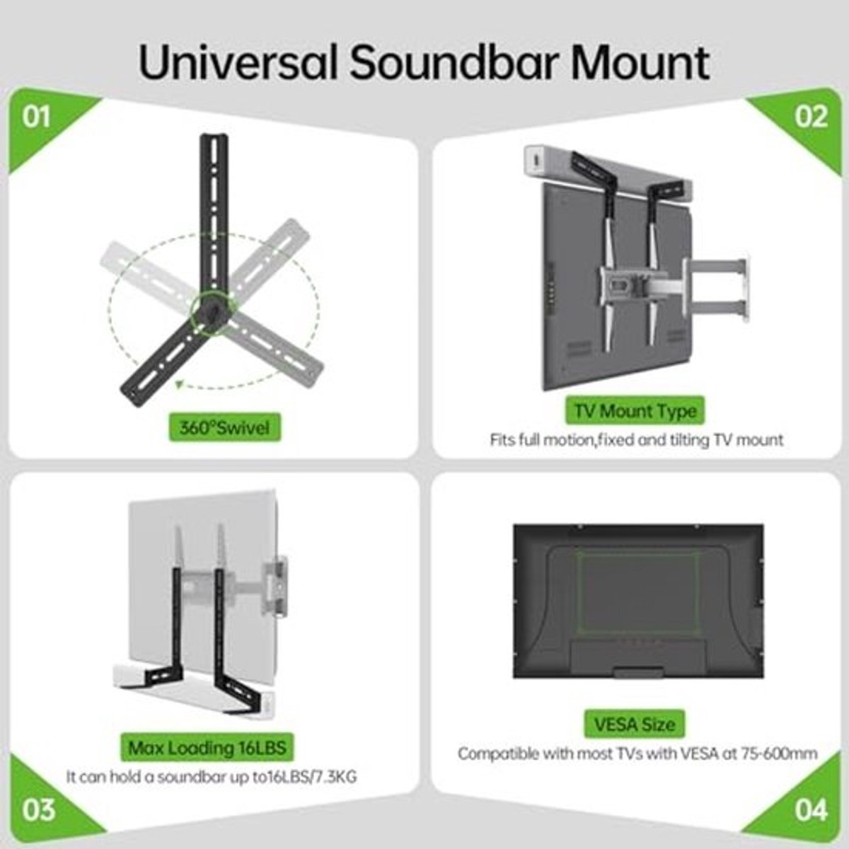 Flexibele Universele Soundbar Houder voor Boven of Onder TV - Montage voor Soundbars tot 6,8 kg met Verlengplaten