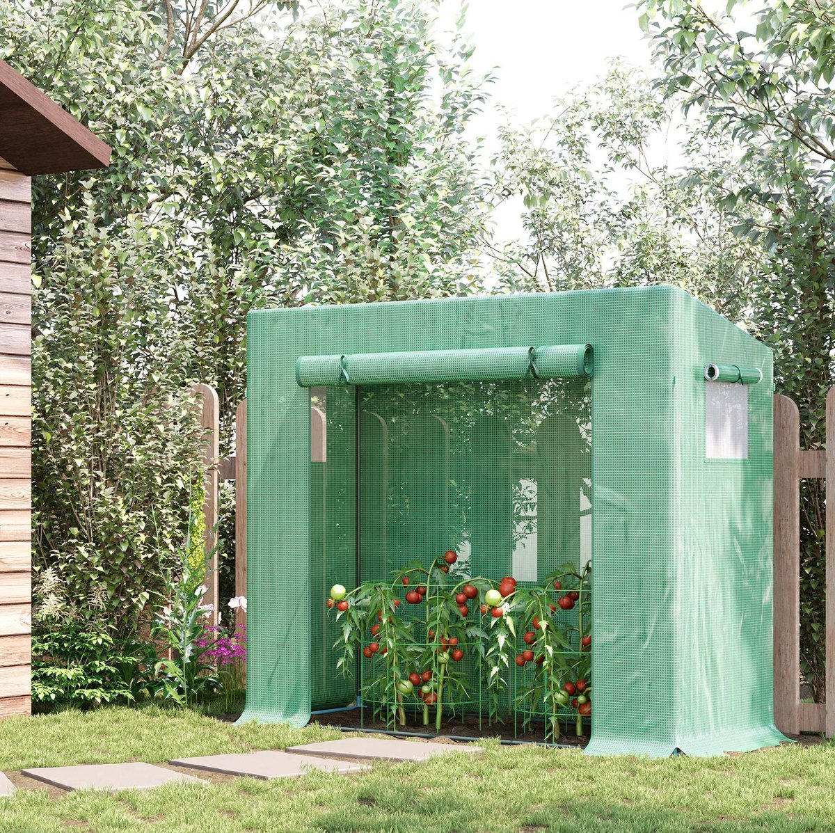 REDOM - Foliekas - Rolluikdeur - Zijvenster - Stalen frame - Tomatenkas - Voor tuin en terras - Groen - 200 x 76 x 168 cm