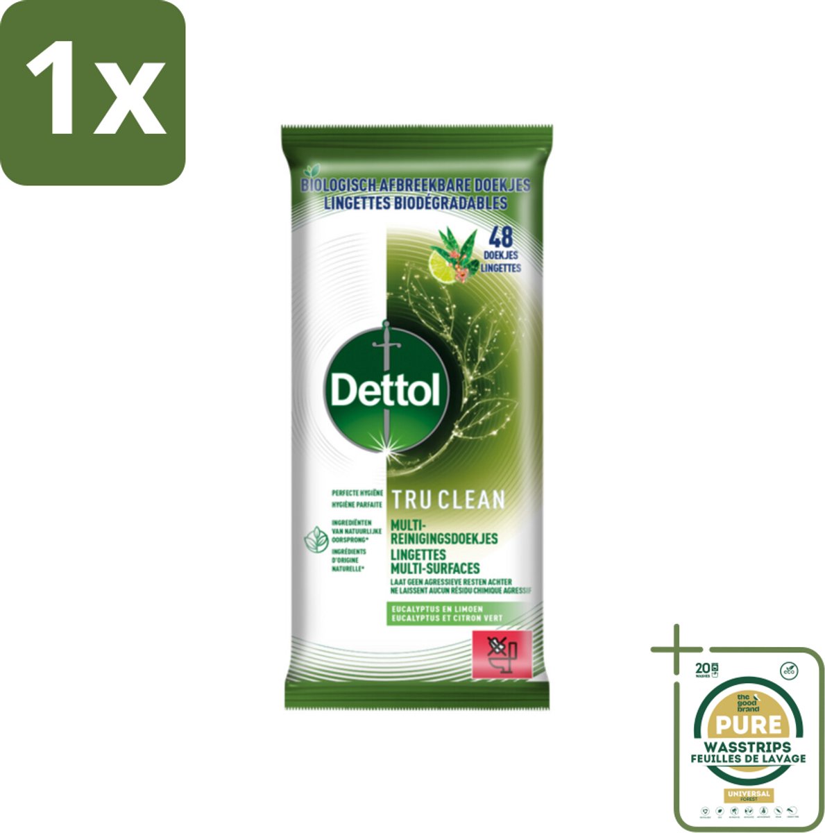 1 x Dettol Reinigingsdoekjes Tru Clean Eucalyptus & Lime 48 stuks per verpakking- Dettol Tru Clean - Reinigingsdoekjes - Eucalyptus En Limoen - Biologisch Afbreekbaar - Huishoudelijke Reiniging