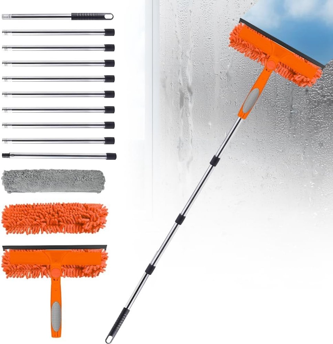 Telescoopsteel ramenwassen - Oranje - 4,5 m - Met microvezeldoek en rubberen lip - Voor hoge ramen