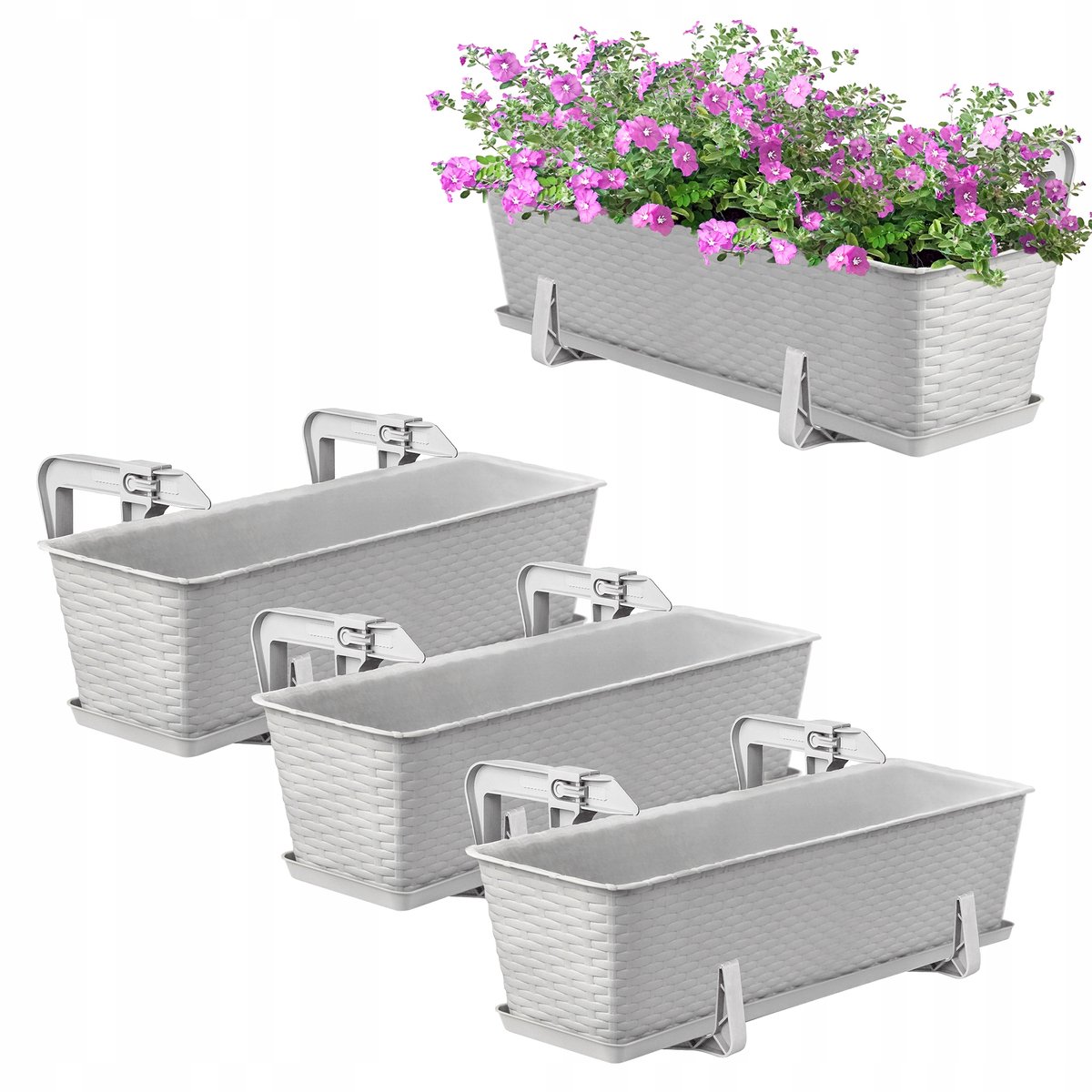 3x Grijze Balkonbakken 60cm met Ophangbeugels - Set