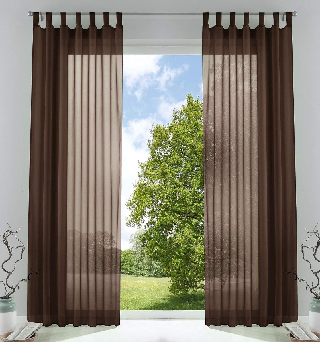 Vitrages kant en klaar plooiband - Bruin - 140 x 225 cm - Transparant Voile - Voor woonkamer
