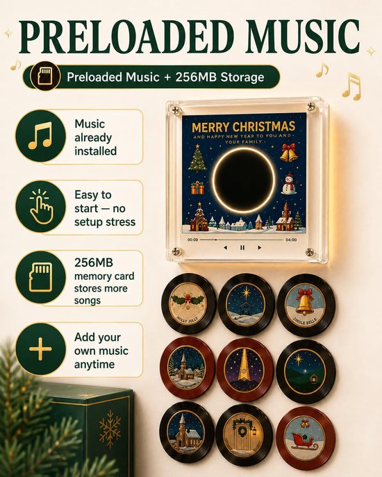 Magnetische Kerst Muziekdoos voor Koelkast - Met 9 NFC Mini Vinylplaten - USB-C Oplaadbaar - Afspeelmogelijkheid Zonder Telefoon - Sfeervolle Kerstdecoratie - SOLLBRY® — afbeelding 2
