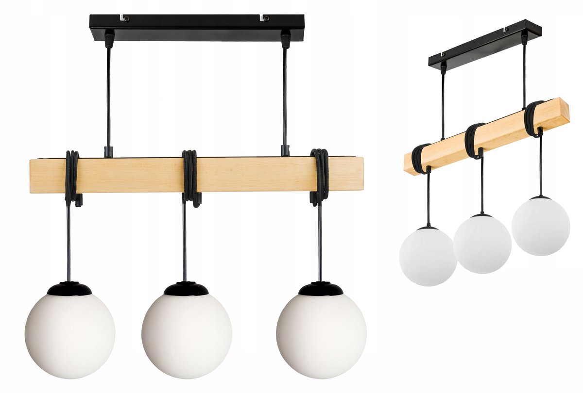 Houten balk hanglamp met 3 glazen bollen, E27 fitting, zwart