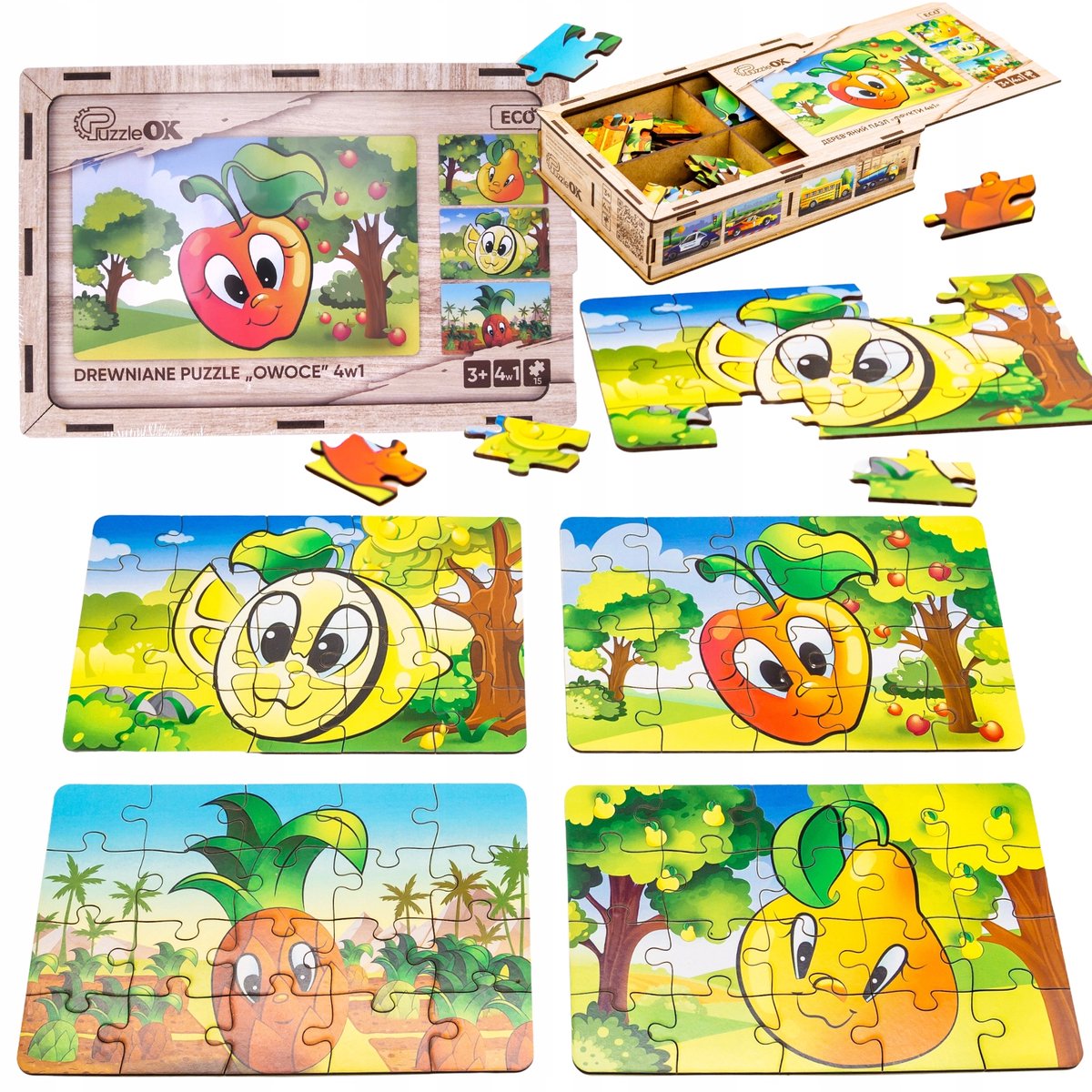 Houten Fruit Puzzel Set 4-in-1: Leerzaam en Veilig Speelgoed