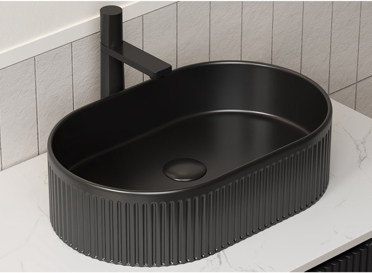 OKWISH Wastafel 62 Cm - Enkele Opbouwwastafel Met Voorgeboord Kraangat - Voor Badkamer En Wastafelmeubel - Keramiek - Mat Zwart