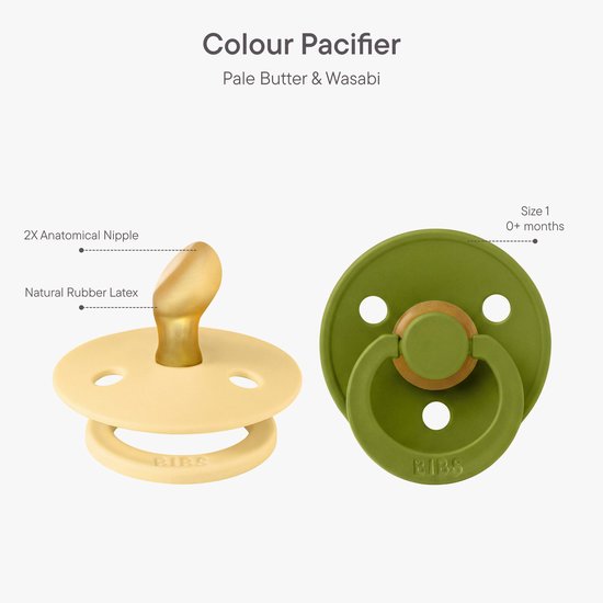 BIBS Colour Fopspeen - 0-6 mnd - 2-pack - Anatomisch - Pale Butter/Wasabi — afbeelding 3