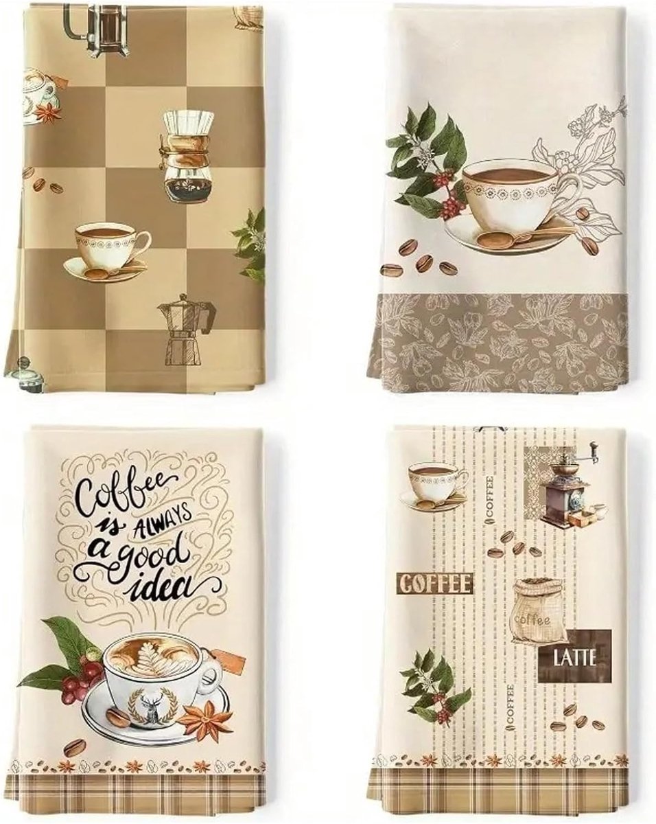 Set van 4 Super Absorberende Microvezel Keukenhanddoeken, Sneldrogende Theedoeken van 36 x 54 cm met Print voor Koffie, Brood en Keukenaccessoires
