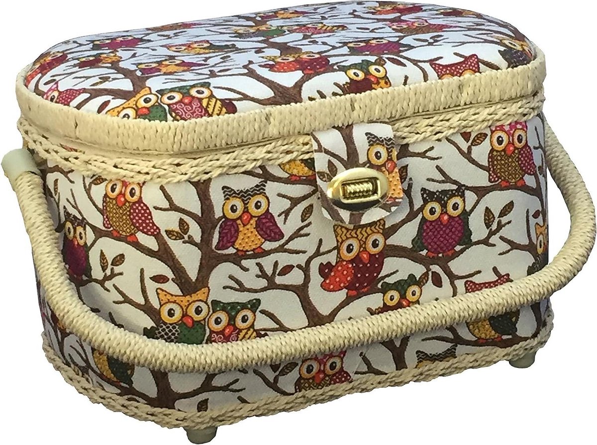 Naaimand met set - Naaidoos opbergmand - Hobby naaien - 41-delige naaiset - 26x20x17 cm - Uil patroon