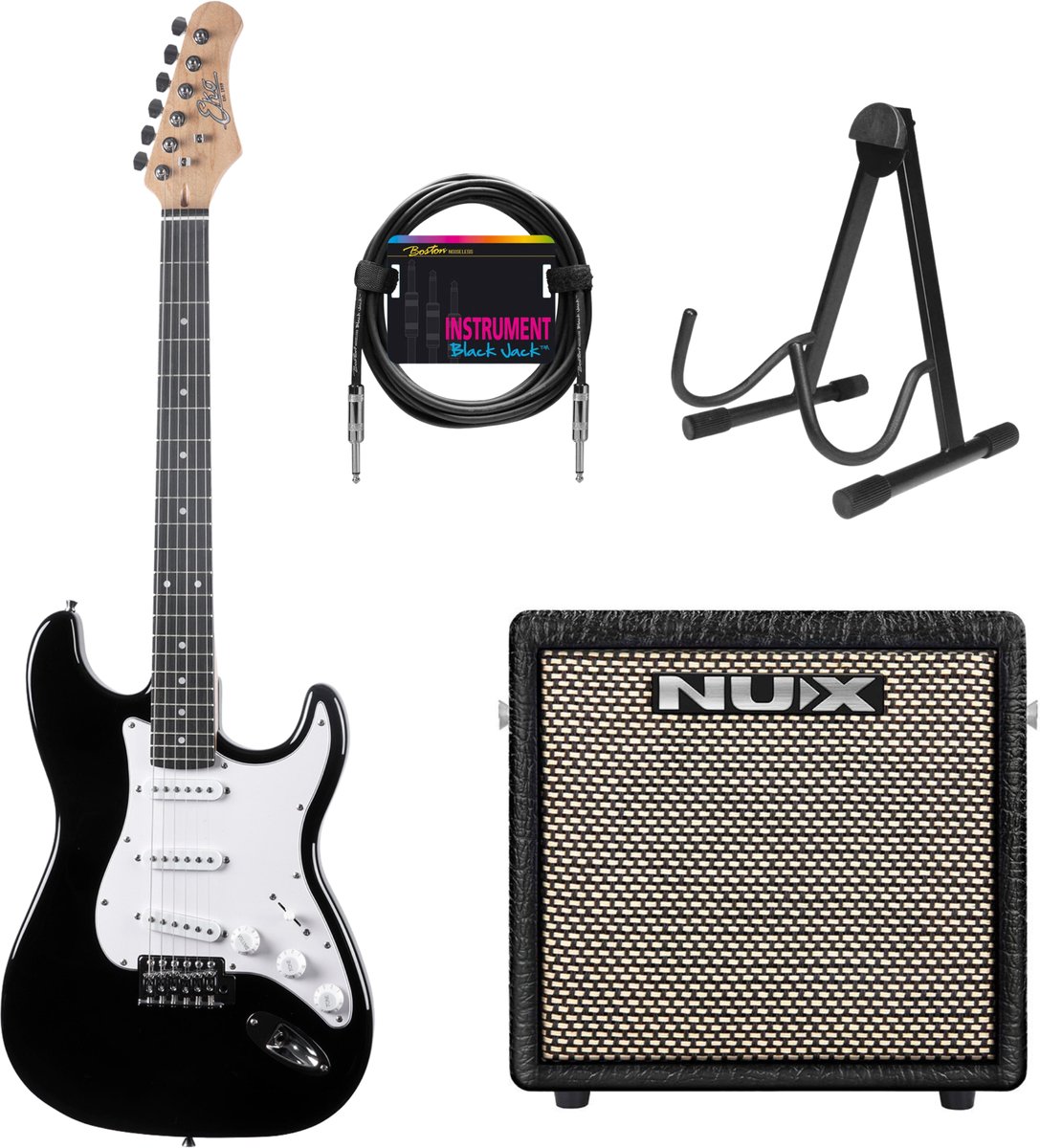 EKO ST100 Tribute ST-Style Zwart + NUX Mighty-8 MK2 Versterker