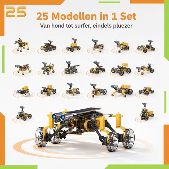 Overzicht van 25 zonne-robotmodellen, waaronder honden, auto's en een grote robot, met de tekst '25 Modellen in 1 Set'.