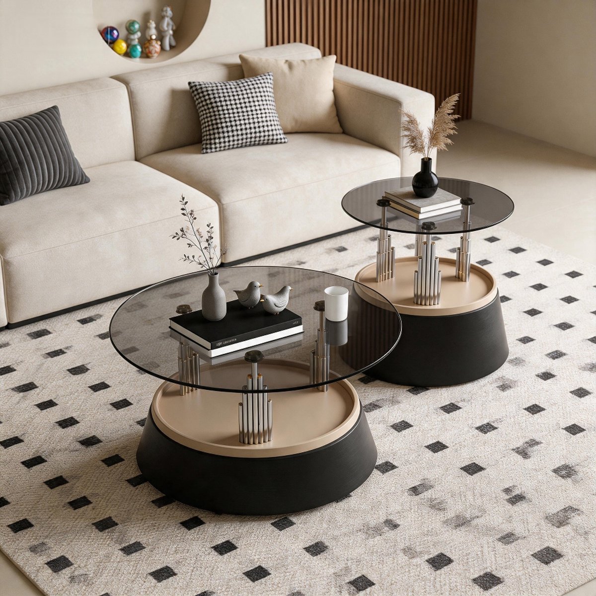 VVBV Salontafel 70x48x60 cm - Nesting Design, Ruimtebesparend, Metalen Onderstel - Zwart, Gehard Glas/Metaal