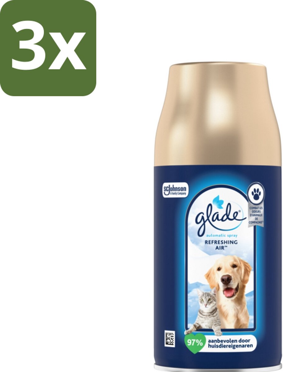 3 x Glade – Automatic Spray Navulling – Refreshing Air Huisdieren – 269 ml - Dierengeur Neutraliseren - Luchtverfrisser Huisdieren - Automatische Geurverfrisser - Frisse Geur Huisdieren - Glade Navulling Pets