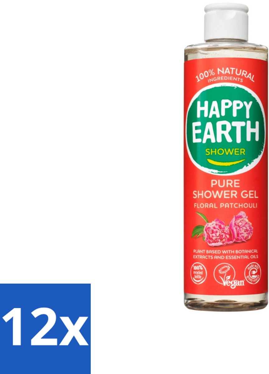 12 x Happy Earth – Douchegel – 100% Natuurlijk Floral Patchouli – 300 ml - Douchegel - Natuurlijke Douchegel - Vegan Douchegel - Patchouli Geur - Huid Verzorging