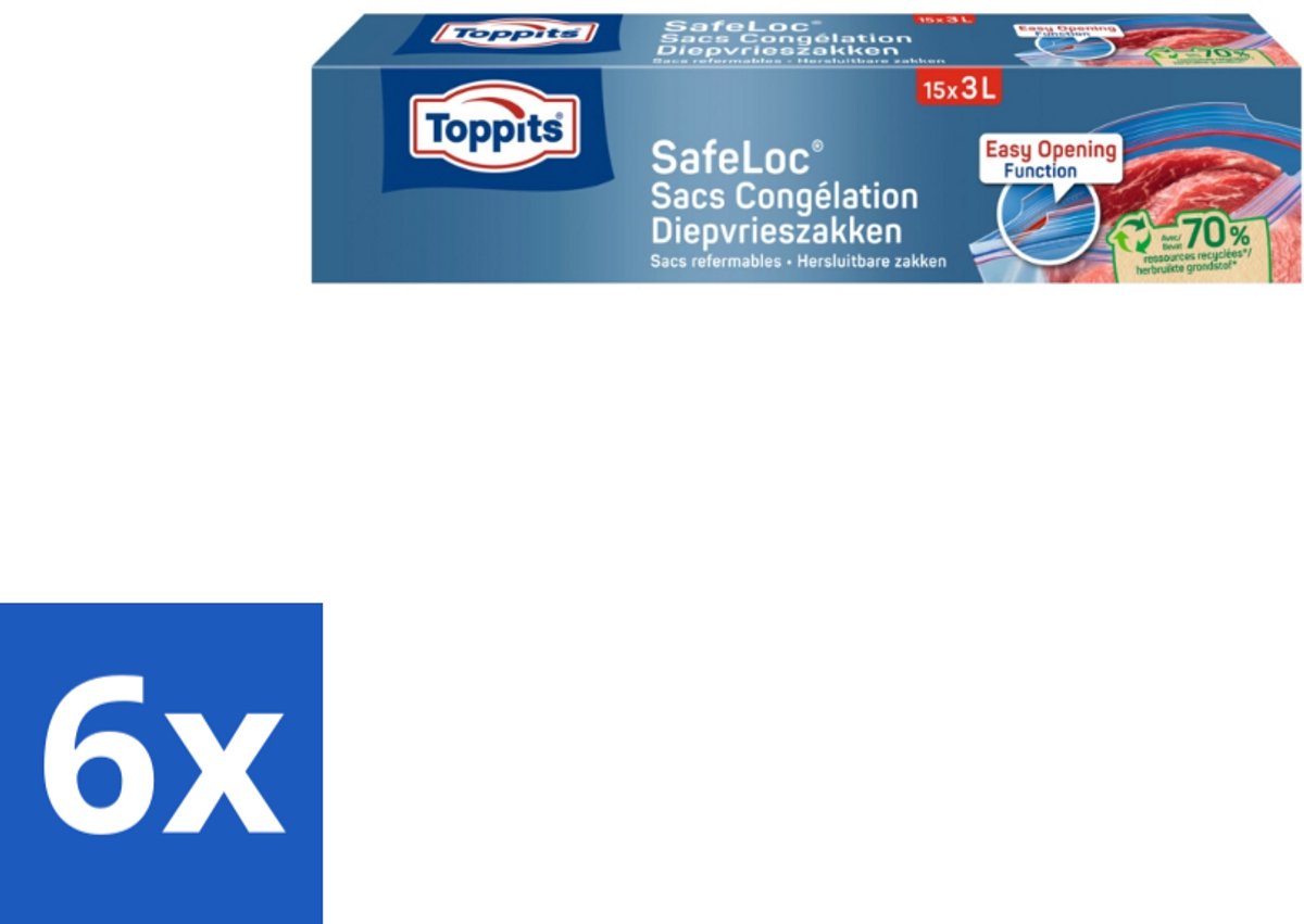 6 x Toppits – Safeloc Zip-Diepvrieszakken – 3 Liter – 15 Zakjes - Diepvrieszakken - Dubbele Sluiting - Voedselbescherming - Herbruikbaar - Milieuvriendelijk