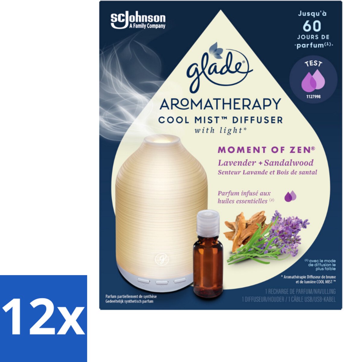 12 x Glade – Aromatherapy Mist Diffuser – Starterpakket – Houder + Moment of Zen Navulling - 17,4 ml - Aromatherapie - Ontspanning - Lavendel - Sandelhout - Geur