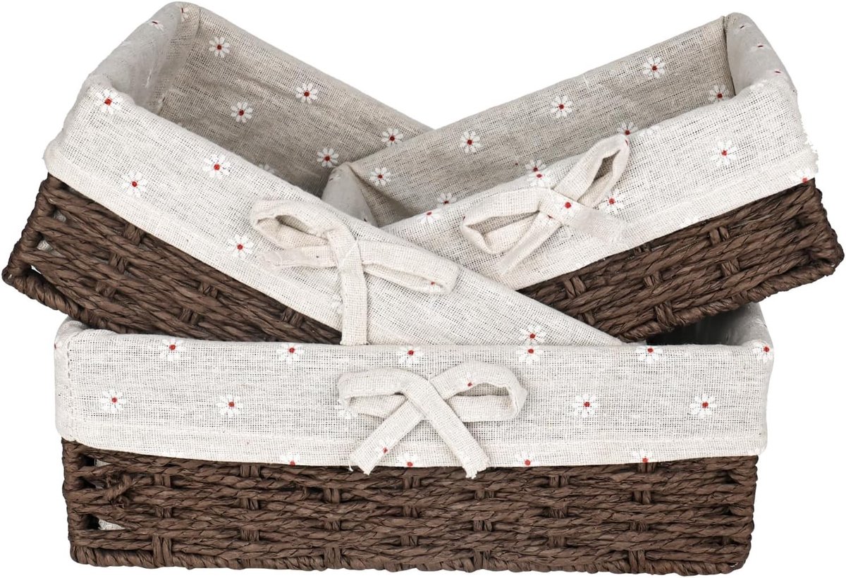 Set van 3 Broodmanden met Katoenen Inzet, Rechthoekige Seagrass Mand, Handgeweven Opbergmand voor Brood en Decoratie in Scandinavische Stijl (Bruin)