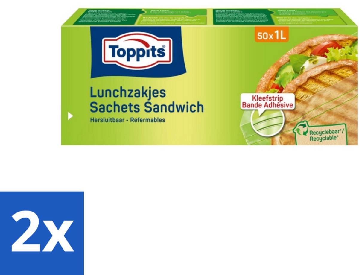 2 x Toppits – Lunchzakjes – Hersluitbaar – 1 Liter – 50 Zakjes - Sandwichzakjes - Lunchzakjes - Snacks - Broodjes - Fruit