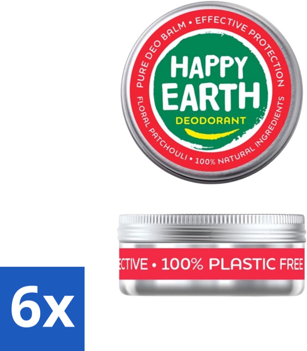 6 x Happy Earth – Deodorant Balm – 100% Natuurlijk Floral Patchouli – 45 g - Deodorant Balm - Natuurlijke Deodorant - Bloemige Geur - Patchouli - Huidvriendelijk