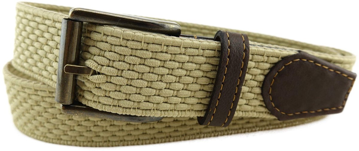 Elzusha - Stretchriem met roestvrijstalen gesp en leren applicaties - 35 mm breed, beige ivoor