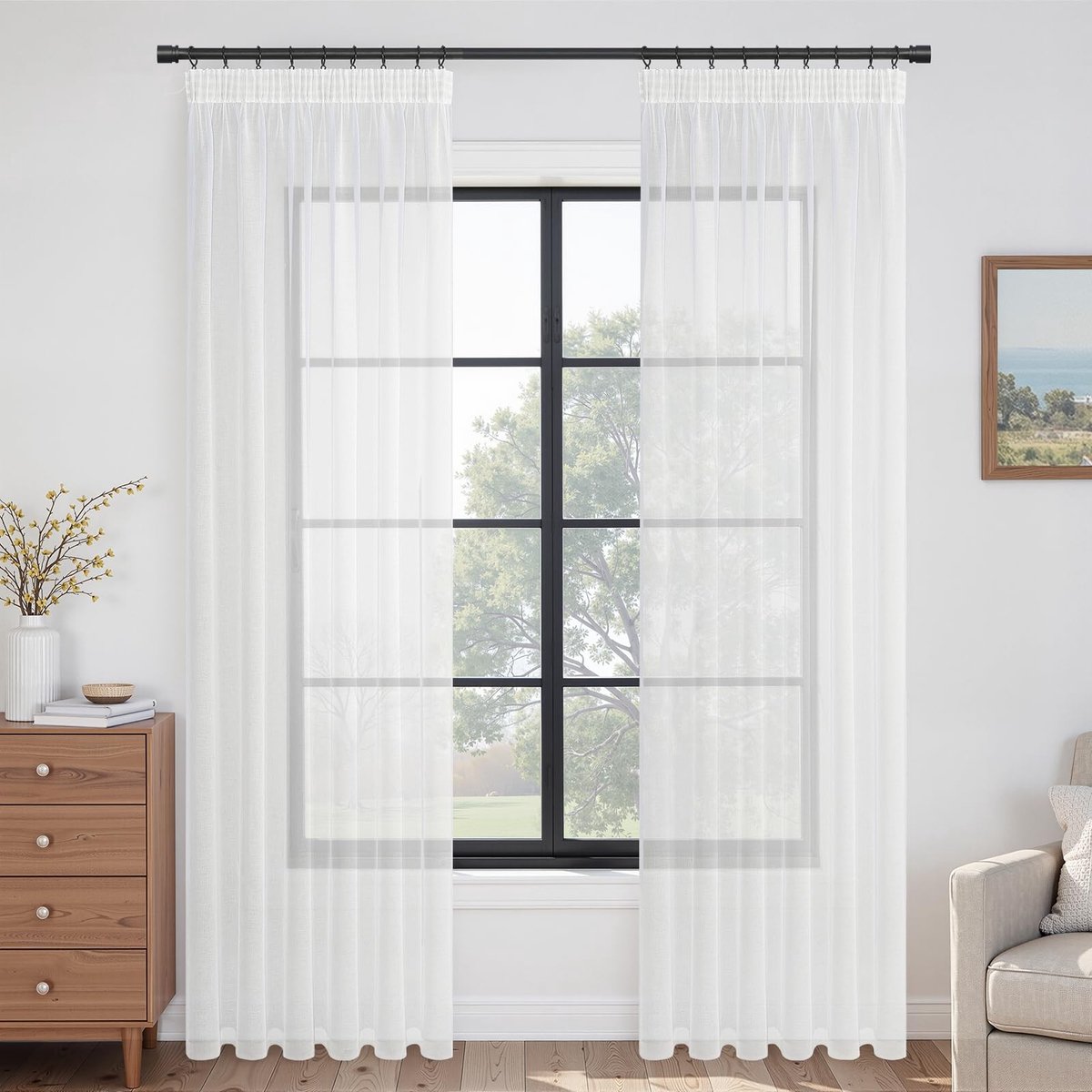 Elzusha - Witte Transparante Gordijnen met Rimpel Sjaal, Set van 2, 140 x 250 cm
