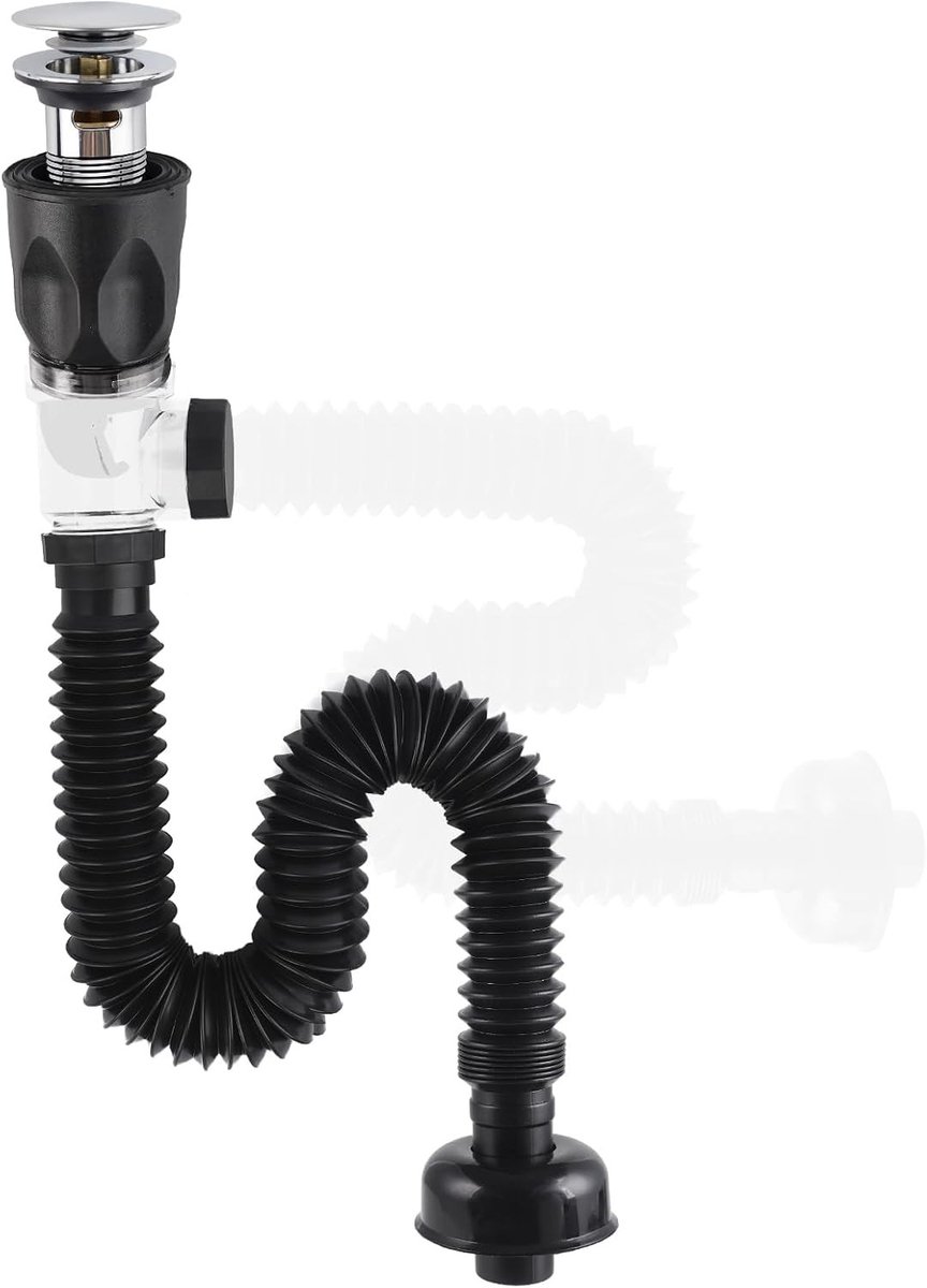 Universele Pop-Up Click Clack Afvoer Set voor Badkamer, Flexibele Afvoerpijp, Geur- en Lekvrije Afvoerkit - Chroom Afwerking