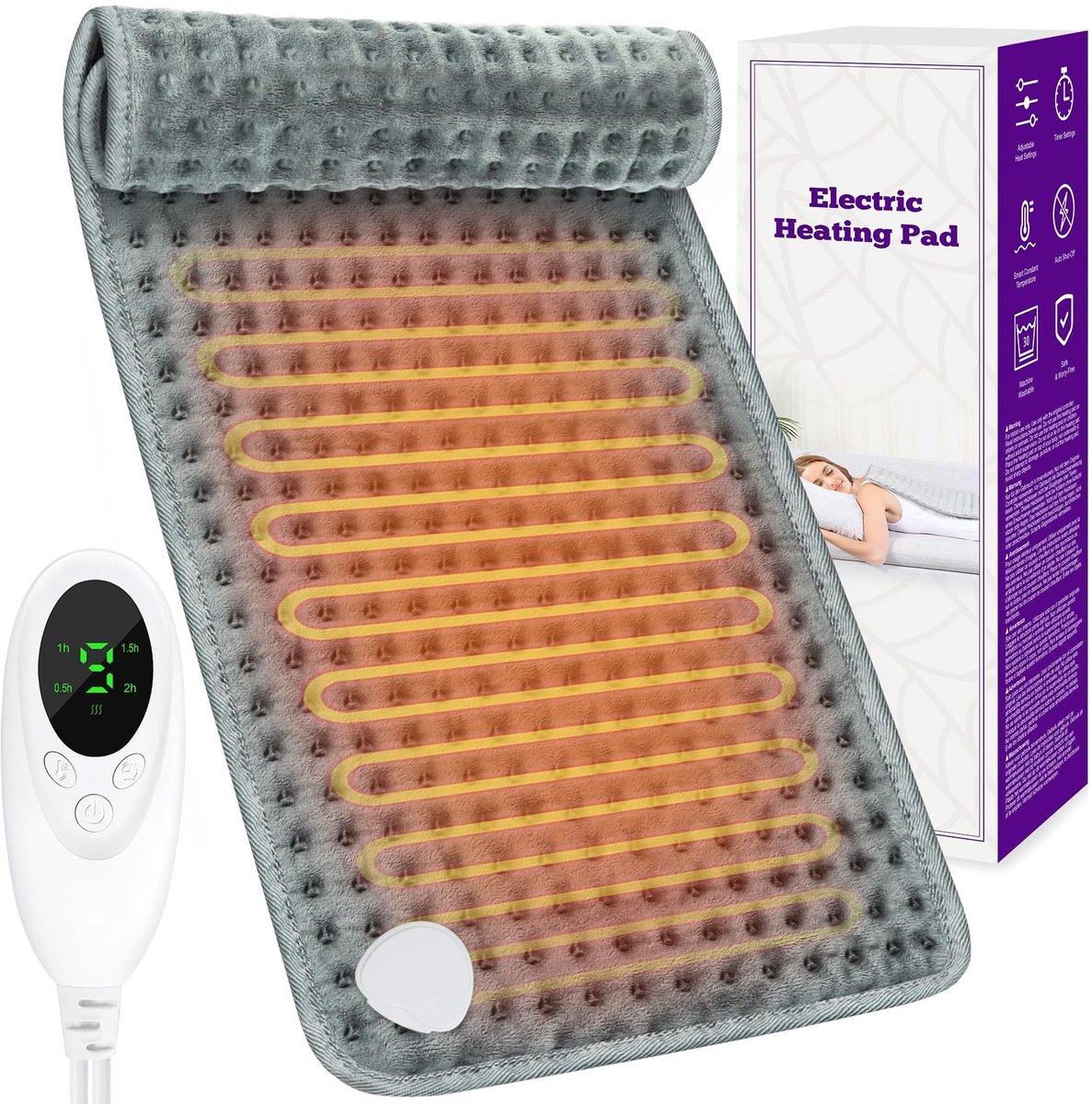 Elzusha- Verwarmingskussen Klein - Elektrisch Warmtekussen - 9 Temperatuurniveaus - 4 Tijdsinstellingen - Wasbare Verwarmingsmat 30 x 60 cm - Automatische Uitschakeling