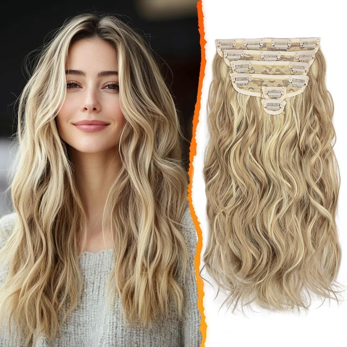 Wavy Clip-in Haarextensions van 40 cm - Dikke Krullende Natuurlijke Synthetische Haarstukken voor Vrouwen in Licht Asblond Gemengd