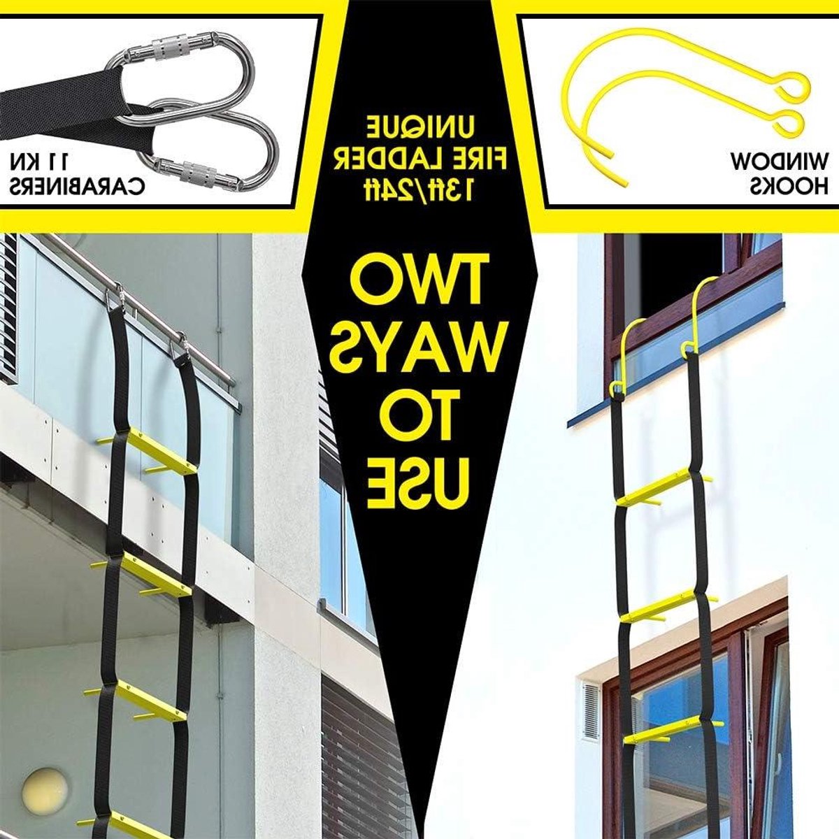 Brandladder 4 meter - Noodladder Touwladder - Veilig Ontsnappen - Stabilisatoren & Antislip - 9 Sporten - Zwart/Geel